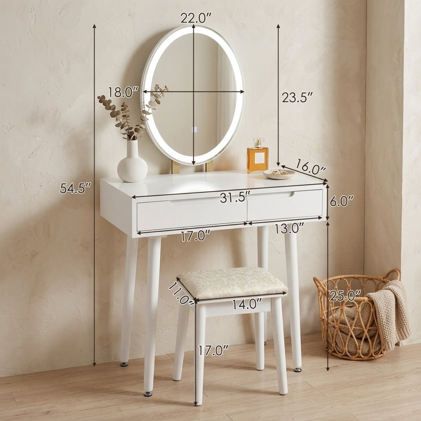 Furnibear Touch Screen Vanity Makeup Table Stool Set with Lighted Mirror for Bedroom Makeup Dressing Room Vanity Desk Mirror Set, White