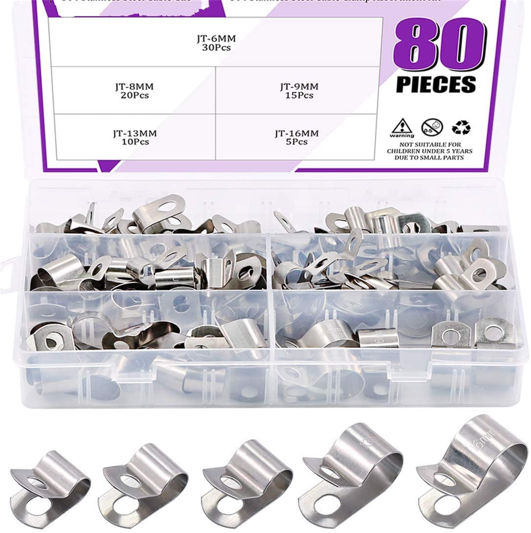 80Pcs 304 Stainless Steel 6mm16mm Vinyl Cable Coated Clamps Assortment