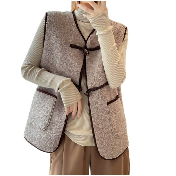 Virmaxy Womens Winter Sherpa Fleece Vest Solid Color Faux Shearling Thicken Teddy Coat with Pocket Sleeveless Button Down V Neck Plush Jacket Warm Winter Coat Outerwear Khaki L