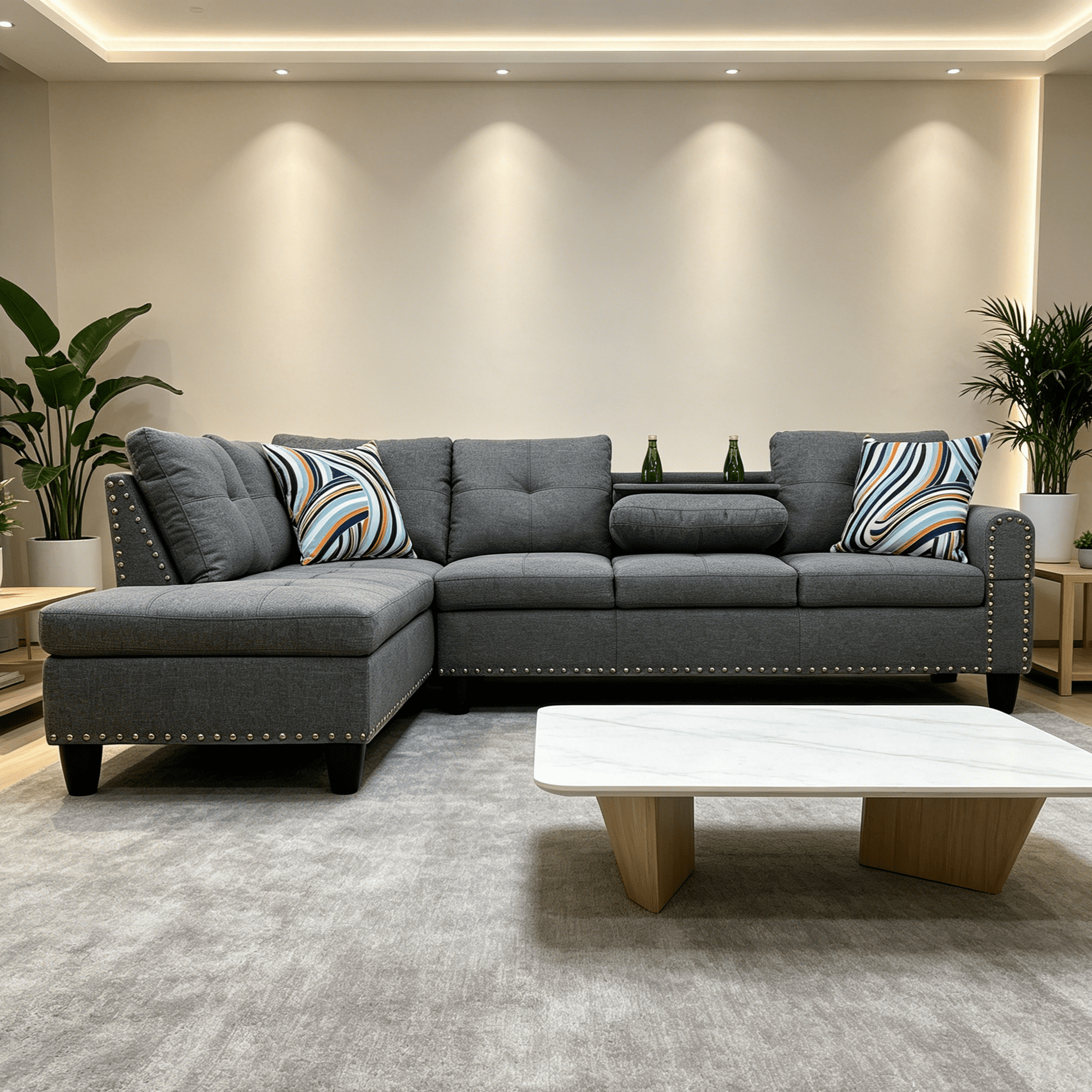 Howcool L-Shape Sectional Sofa with Cup Holders,3-Piece Gray Sectional Sofa Couch,2 Toss Pillows,Nailhead Trim, Left-Facing