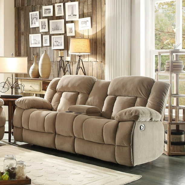Homelegance Laurelton Doble Glider Reclining Loveseat w/ Center Console in Taupe Polyester 