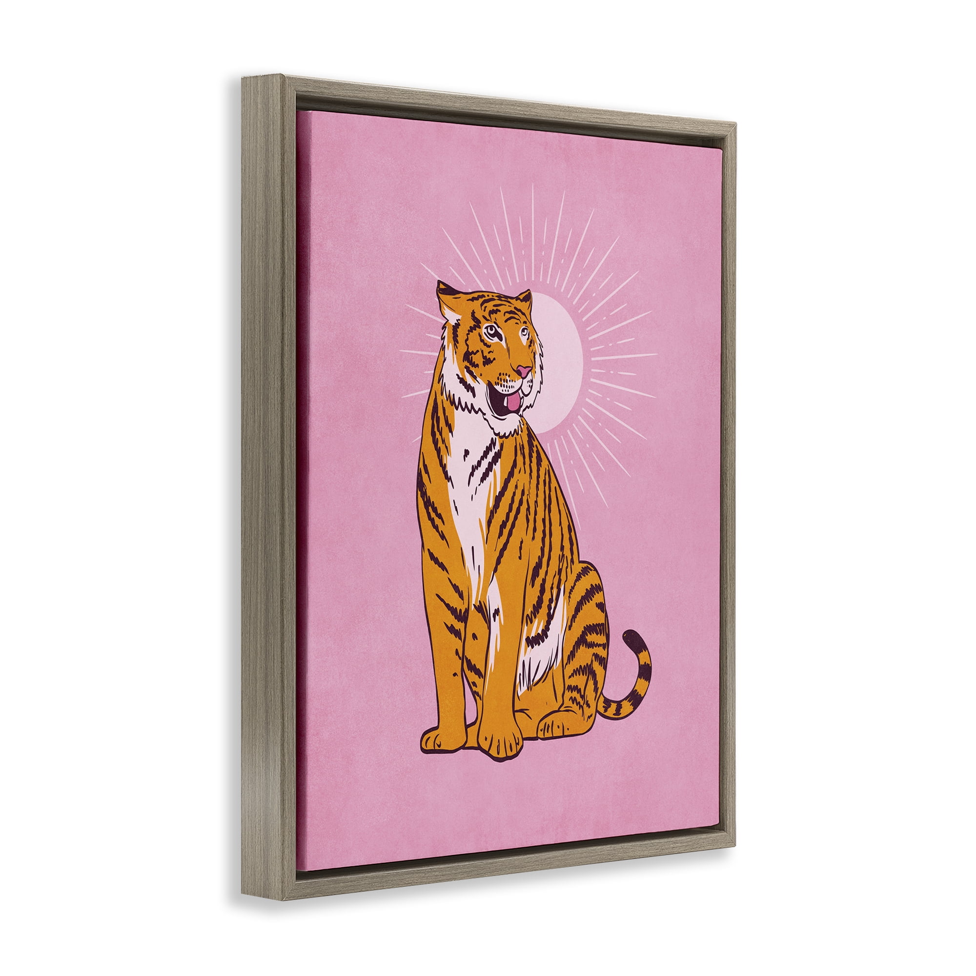 Stupell Industries Preppy Tiger on Pink Animals Painting Brown Floater Framed Canvas Art Print Wall Art, 17 x 21