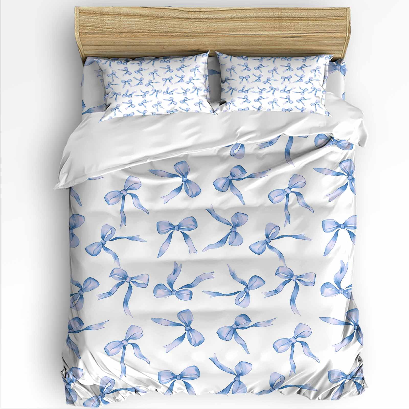 Blue Bow Queen Duvet Cover Set, Watercolor Bow 4 Piece Microfiber Bedding Set with Zipper Closure, Bed Sheet and 2 Pillow Shams, Soft Bedding Cover
