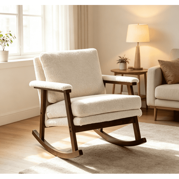 PureDashio Mid Century Modern Rocking Chair, Upholstered Accent Chair with Teddy Fleece Fabric, Solid Wood Frame Rocker for Living Room, Bedroom, White