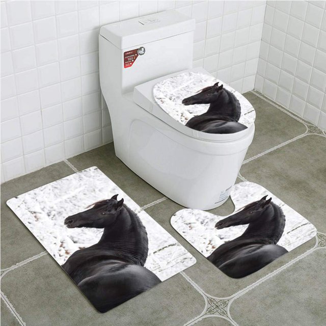 ABPHQTO Retrato de caballo de deporte ecuestre frisón negro en invierno cubierto de nieve Juego de alfombras de baño de 3 piezas Alfombra de baño Alfombra de contorno y tapa de inodoro ABPHQTO Cont-CHAPPLE-13445