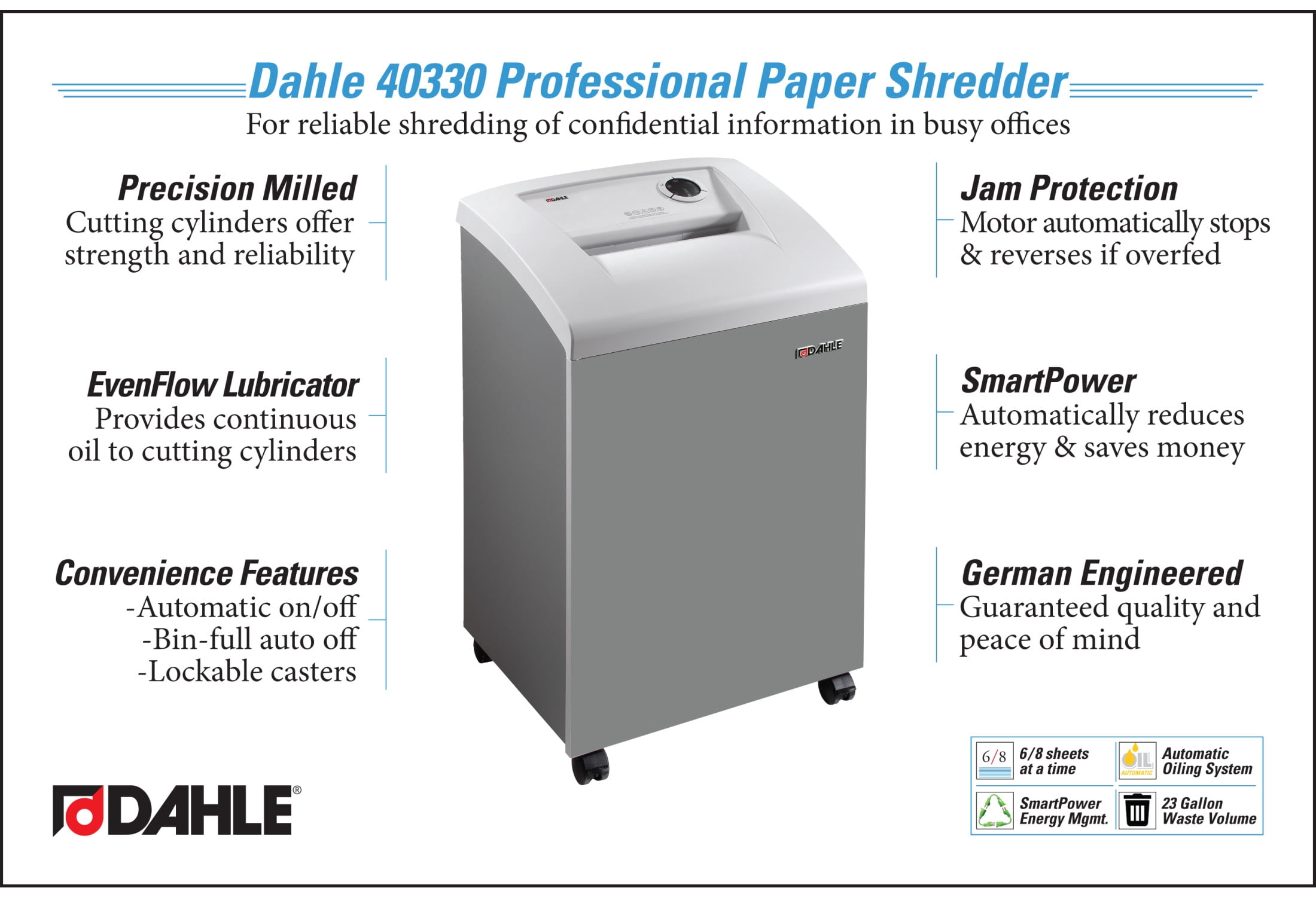 Dahle 40330 Paper Shredder w/Auto Oiler, Jam Protection, Extreme Cross Cut, 6 Sheet Max,Level P-6