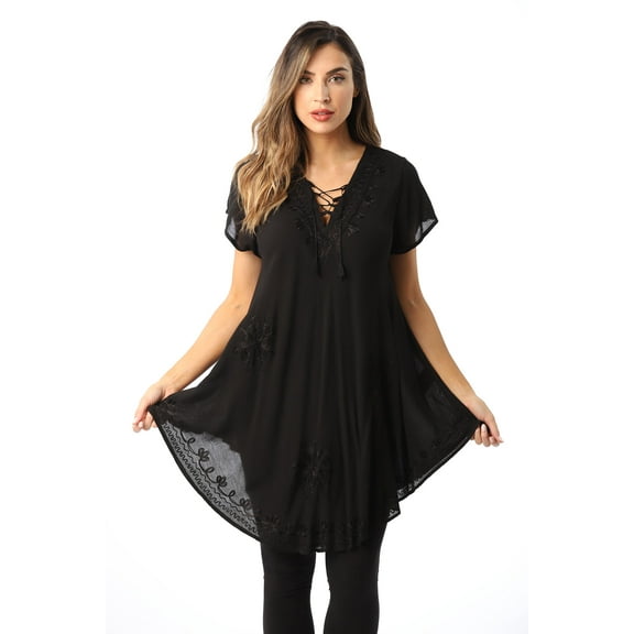 Riviera Sun Lace-Up Casual Tunic Top with Embroidery