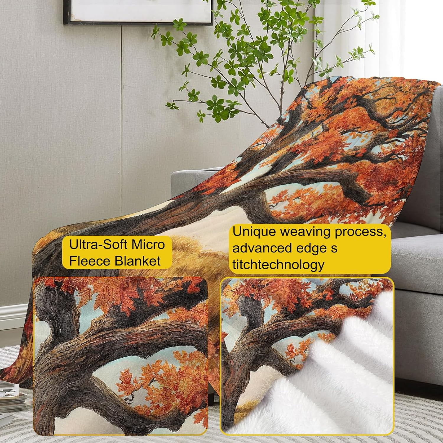 Oak Tree Blanket,Autumn Tree Flannel Throw Blankets,Soft Warm Lightweight Cozy Plush Fall Foliage Throws for Bedroom Sofa Home Decor Gifts for Women Girls 50"x40"