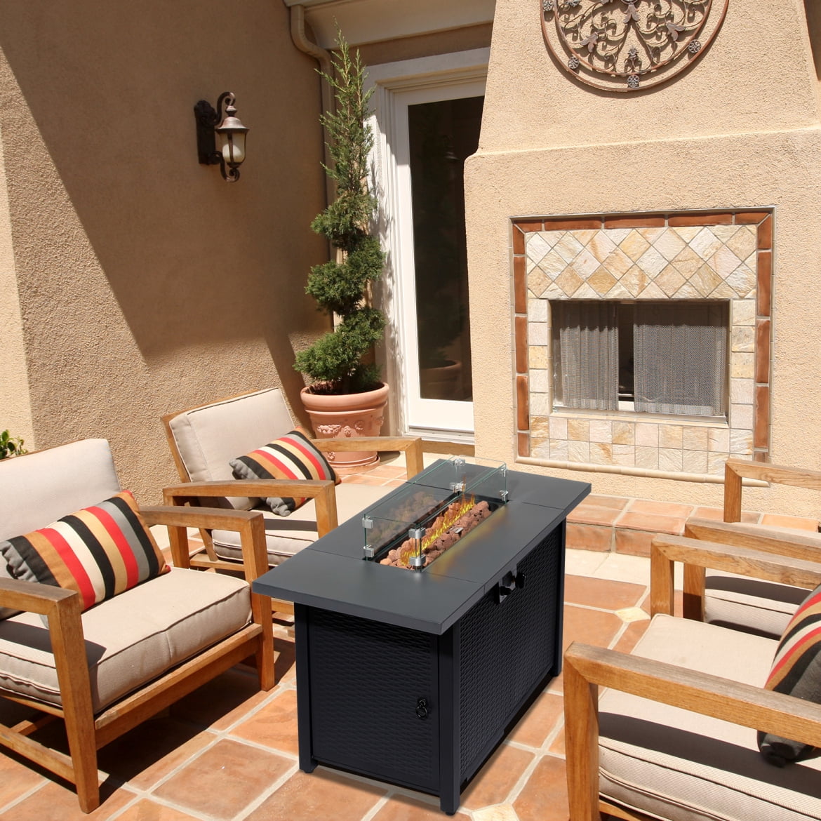 43 Inch Propane Fire Pit Table, 50,000 BTU Steel Propane Firepit with Lid & Pulse Ignition System, Outdoor Gas Fire Pit Table with Lava Rock & Imitation Rattan Weave Texture for Backyard Patio Garden