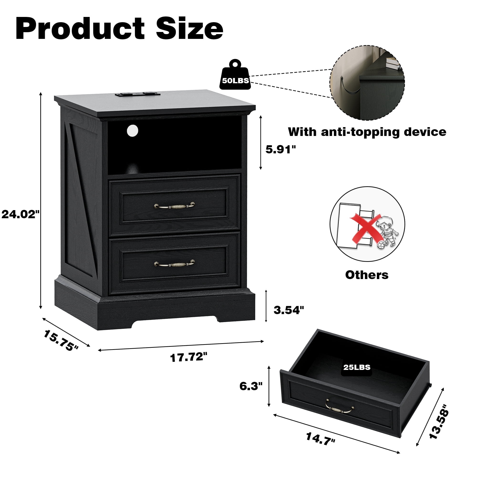 FANRAL 2 Drawers Dresser for Bedroom,Farmhouse Nightstand with Charging Station & Open Shelf,24" Wide Wooden Chest of Drawers,Rustic Storage Cabinet,Black Dresser