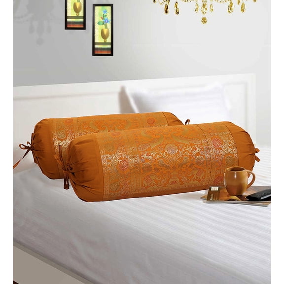 Stylo Culture Traditional Polydupion Cylindrical Hotdog Pillow Bolster Pillow Covers Brown Elephant Jacquard Brocade Border Large Settee Cylinder Cushion Covers (Set of 2) | 30x15 Inches (76x38 cm)