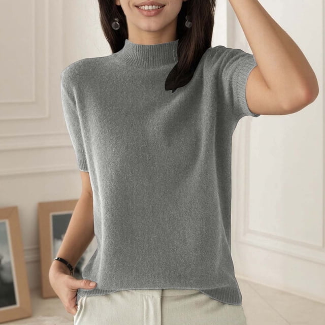 Chandail-over Décontracté en Tricot pour Femmes Doux Extensible Confortable pour Usage Quotidien Léger Respirant Basique Col Rond Manches Courtes Mode