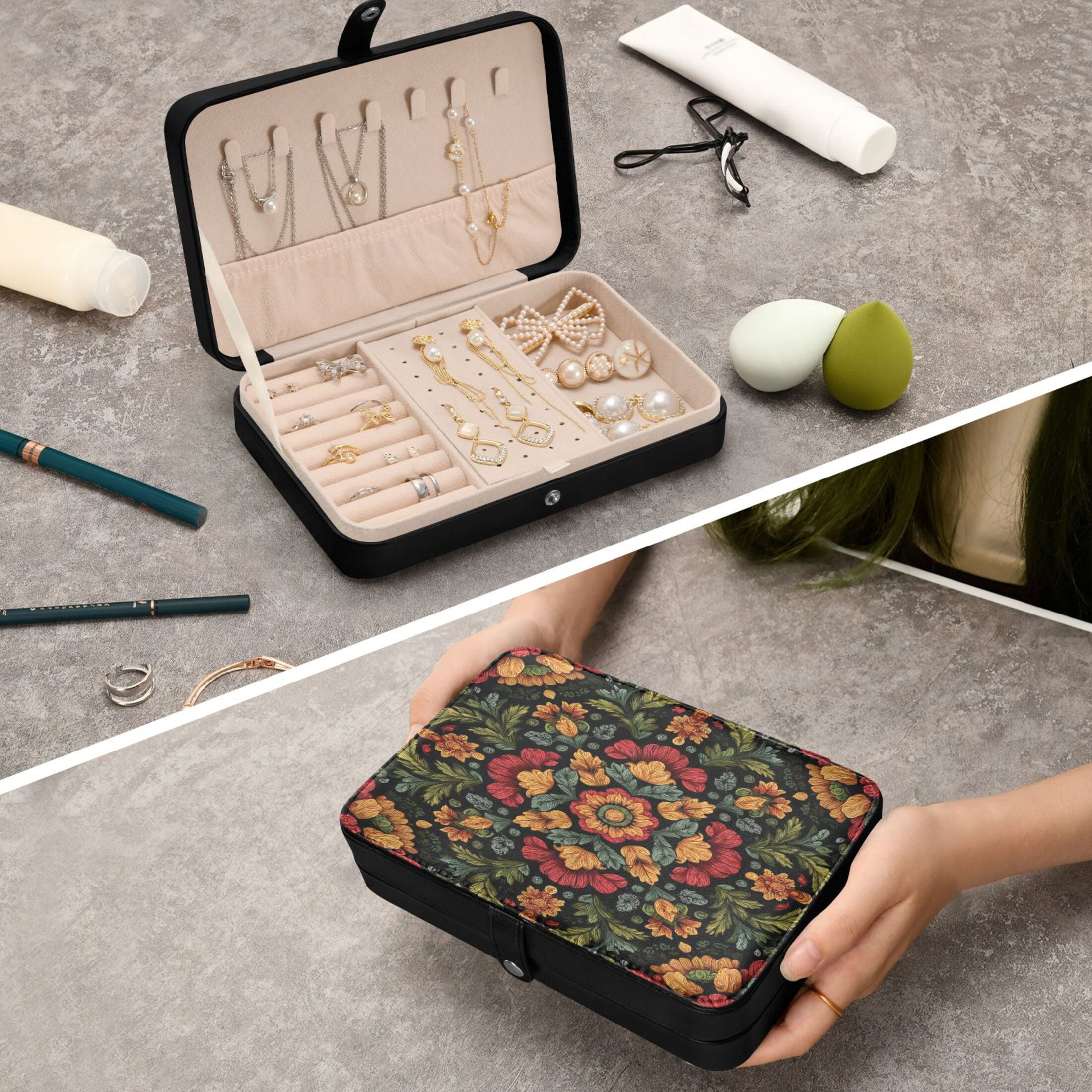 Leather Jewelry Box Rectangular 8.27x5.5x1.78In Travel Jewelry Storage Earrings Necklace Bracelet Watch Brooch Storage Beautiful Pattern