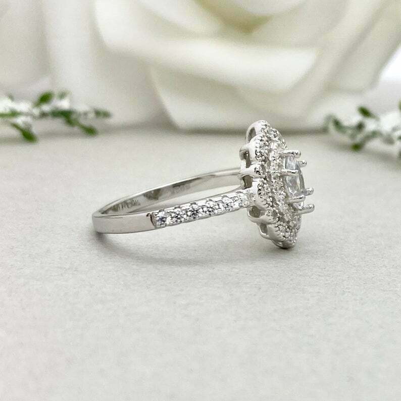 HeartsAndYou 2ct Engagement Ring for Women Marquise Cut Moissanite Dual Halo Vintage Inspired 18k White Gold over Silver