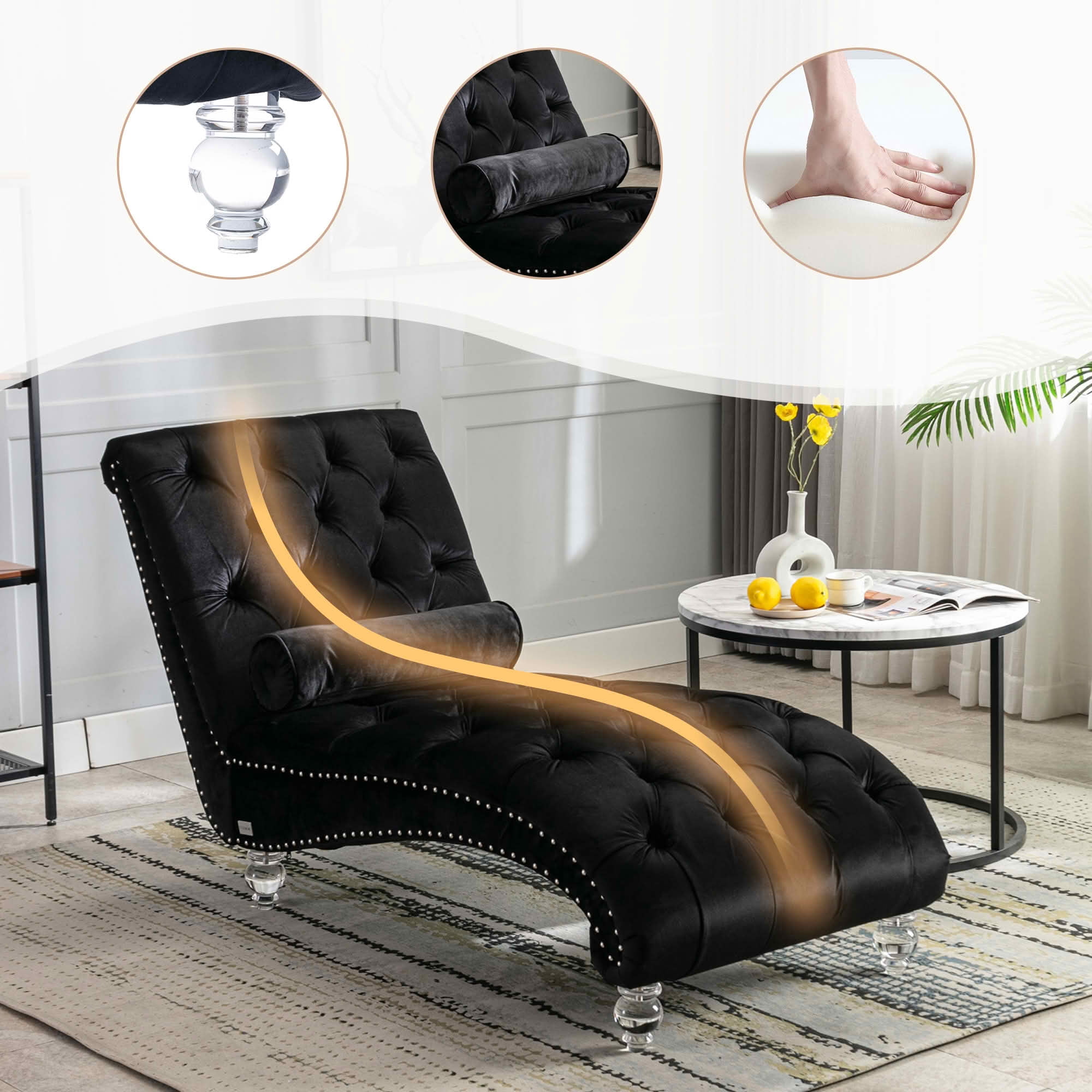 MAYEERTY Velvet Button Tufted Chaise Lounge with Pillow, Ergonomic S-Shape Indoor Lounge Chair with Wood Frame Acrylic Legs for Bedroom Living Room Office