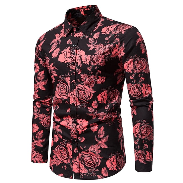 TIMIFIS Men's Dress Shirts Long Sleeve Floral Button Up Shirts Party Prom Wedding Shirt-Wine - Fall