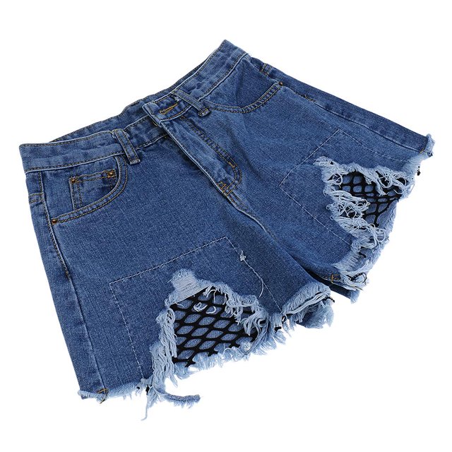 Pantalones cortos de mezclilla de cintura alta con corte desgastado para mujer L Hugo Pantalones cortos de mezclilla