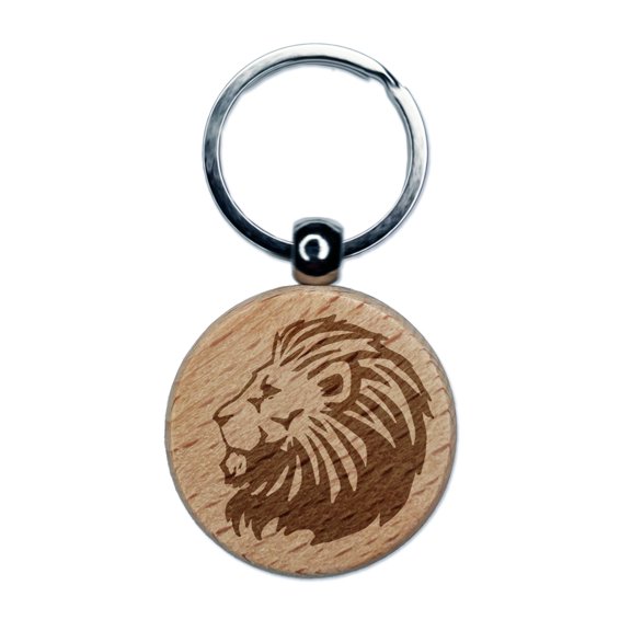 Regal Maned Lion Head Side Profile Round Keychain Charm Tag - Engraved Wood