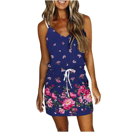

Juebong Women Casual V-Neck Sleeveless Bandage Printing Loose Sling Dress