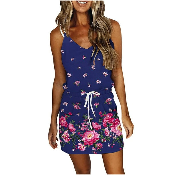 Vestido de tirantes suelto con estampado de vendaje sin mangas con cuello en V casual para mujer Fridja hjkh6293