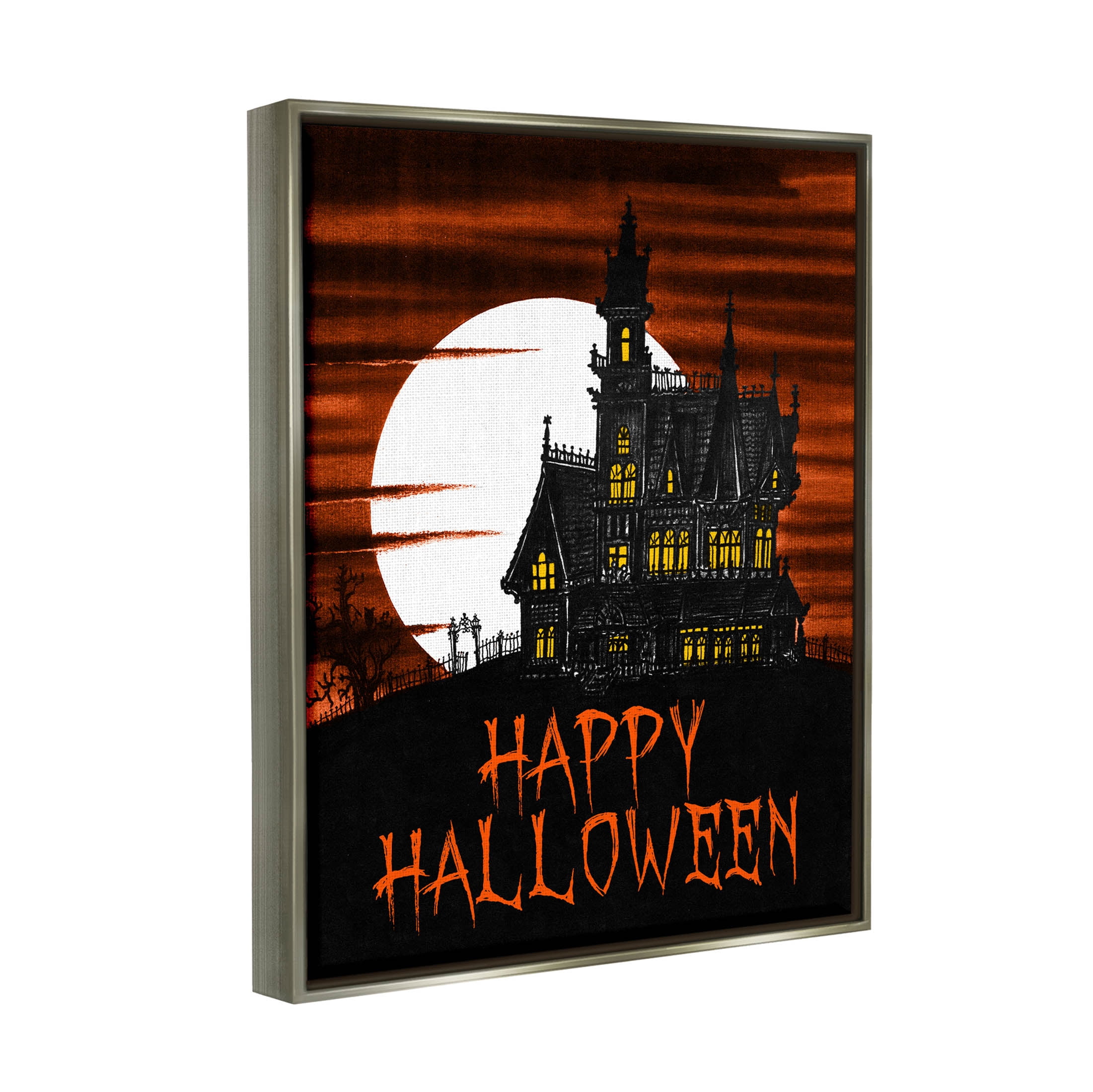 Stupell Industries Happy Halloween Haunted House Graphic Art Luster Gray Floating Framed Canvas Print Wall Art, Design by The Saturday Evening Post