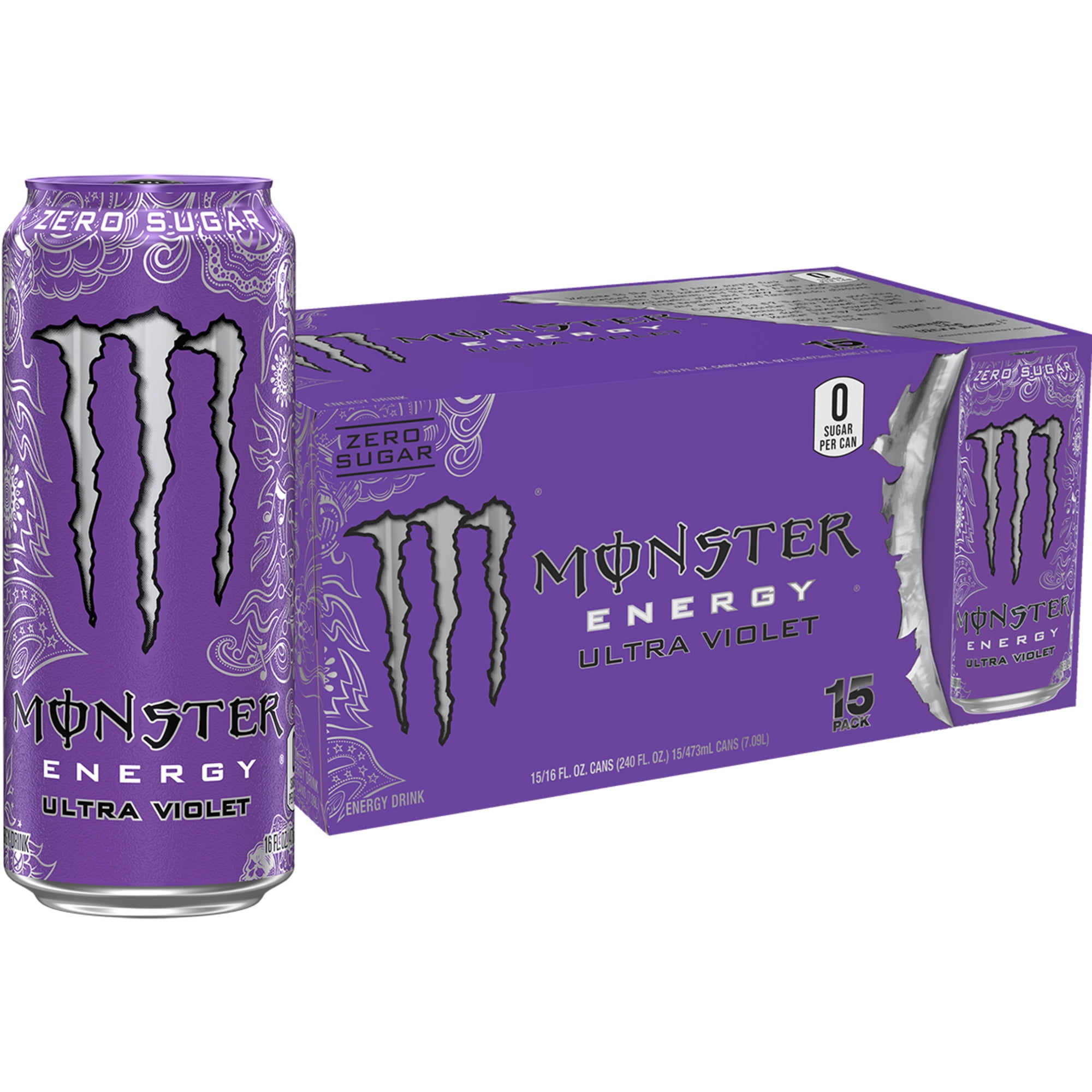Monster Energy Ultra Violet Energy Drink, Zero Sugar, 15-Pack, 16 Oz Cans