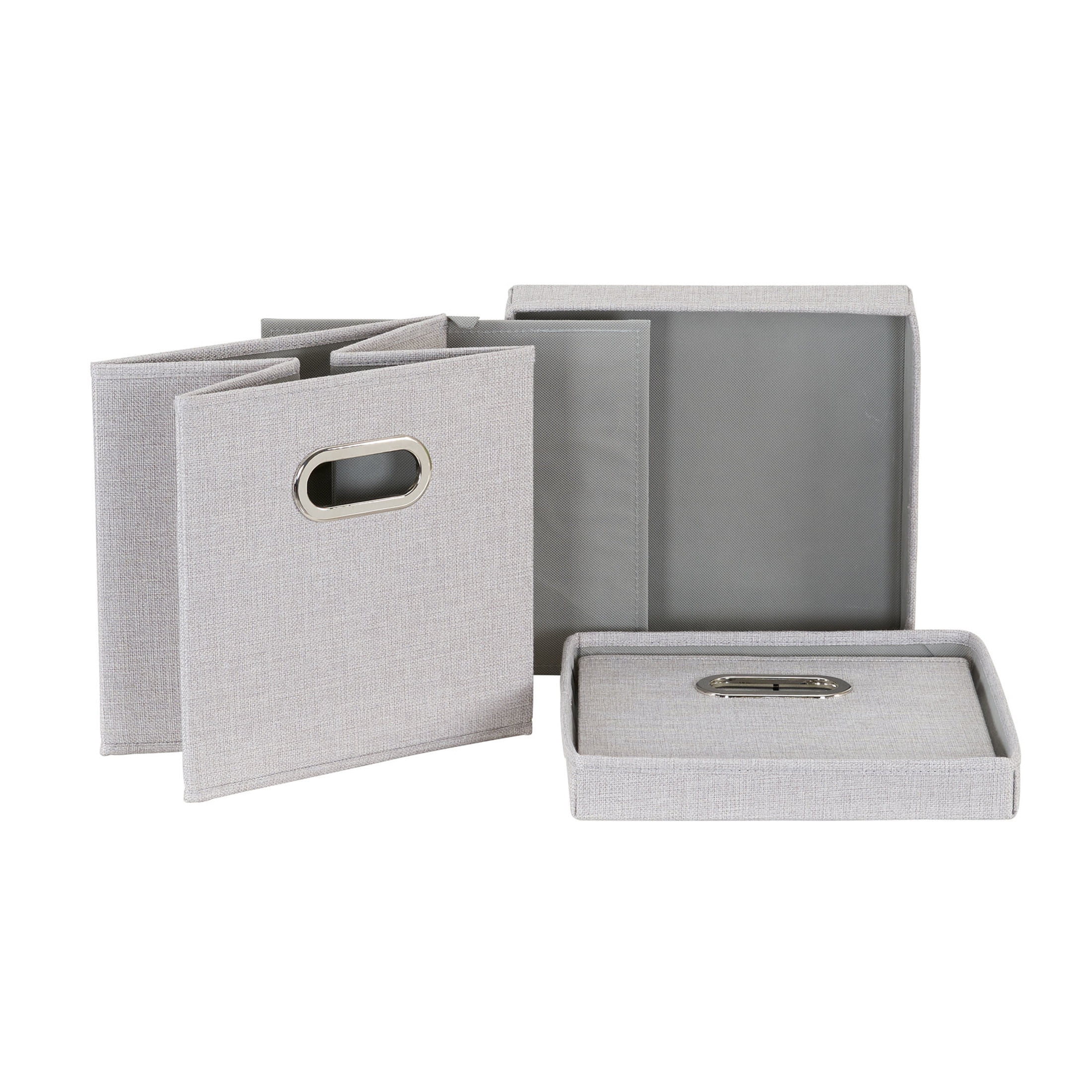Household Essentials Storage Bins with Lids and Chromed Grommet Handles, Set of 2, Light Gray Textured Linen Look, Fits Standard Cube Shelves