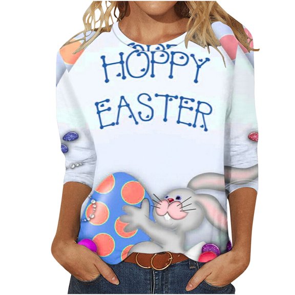 ICHUANYI Women's Easter Print T-shirt 3/4 Sleeves Blouse Crew Neck Casual Tops Summer