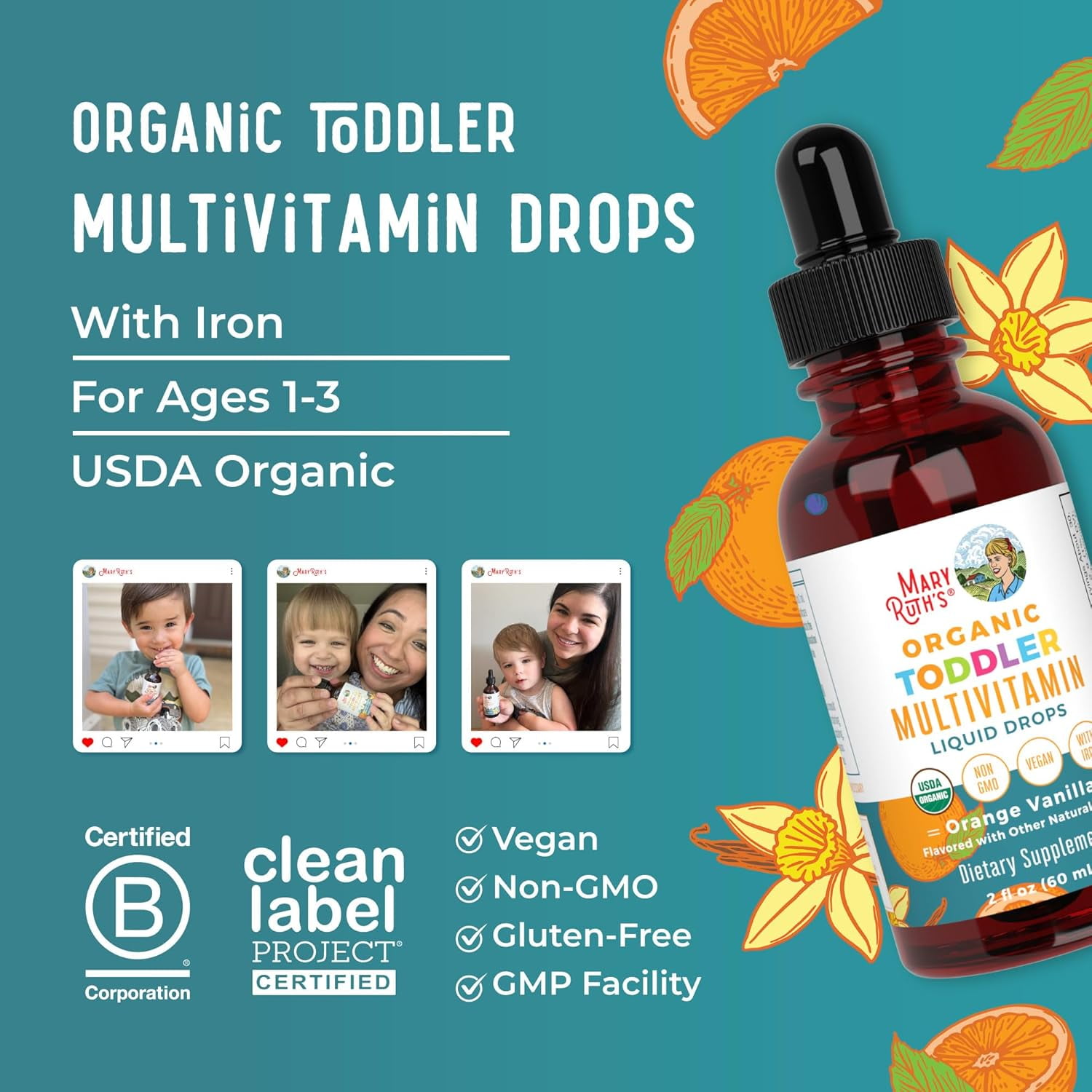MaryRuth's Organic Toddler Multivitamin Liquid Drops with Iron Orange Vanilla Vegan, Non-GMO 2 fl oz / 60 ml Overall Wellness