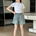 thumbnail image 2 of Teen Girls' Casual Stretch Trendy High Waisted Denim Shorts with Pockets Bermuda Baggy Y2K Cargo Shorts Casual Summer Jean Jorts (6-7 Years, Light Blue), 2 of 8