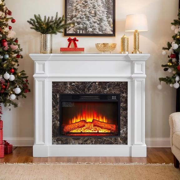 46" Electric Fireplace with Mantel, Freestanding TV Stand with 23" Fireplace Insert, 1400W Electric Fireplace Heater with Remote Control, Adjustable Flame, Living Room/Apartment (46" W - White)