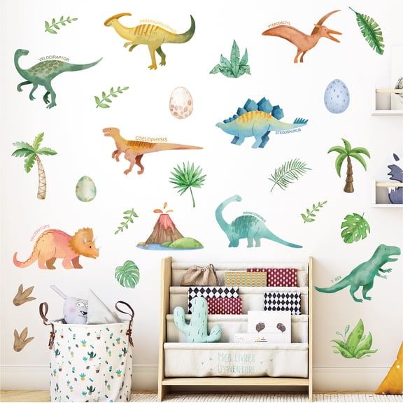 56 Pcs Dinosaur Decals Watercolor Cartoon Forest Wall Stickers Self Adhesive Removable Peel and Stick for Kids Bedroom Playroom Living Room DIY Decorations Decals
