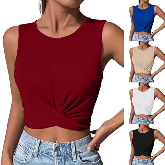 Ihhxva Women's Slim Fit Cropped Stretchable Crew Neck Twist Front Tank Top S-XL