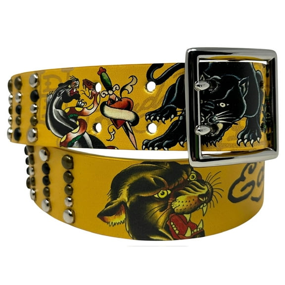 Ed Hardy Men's Double Prong Panther Snake Print Yellow Belt With Rivet Studs (34, Yellow)