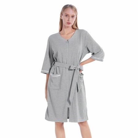 

Women Zipper Front House Coat Waffle Soft Dress Gown Short Sleeve Belt Robe Zip up Bathrobes Short Nightgown with Pockets S-2XL