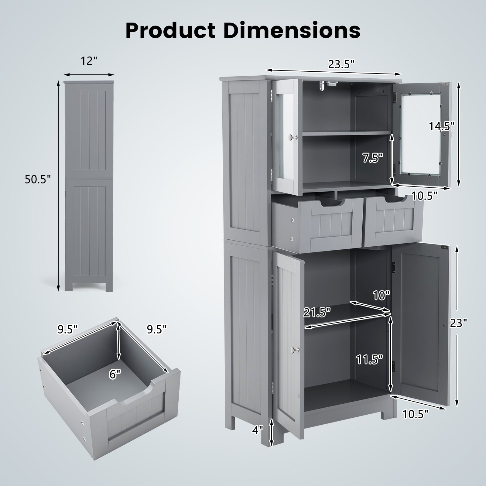 Giantex Freestanding Bathroom Storage Cabinet, Tall Linen Floor Cabinet w/Adjustable Shelves, Grey