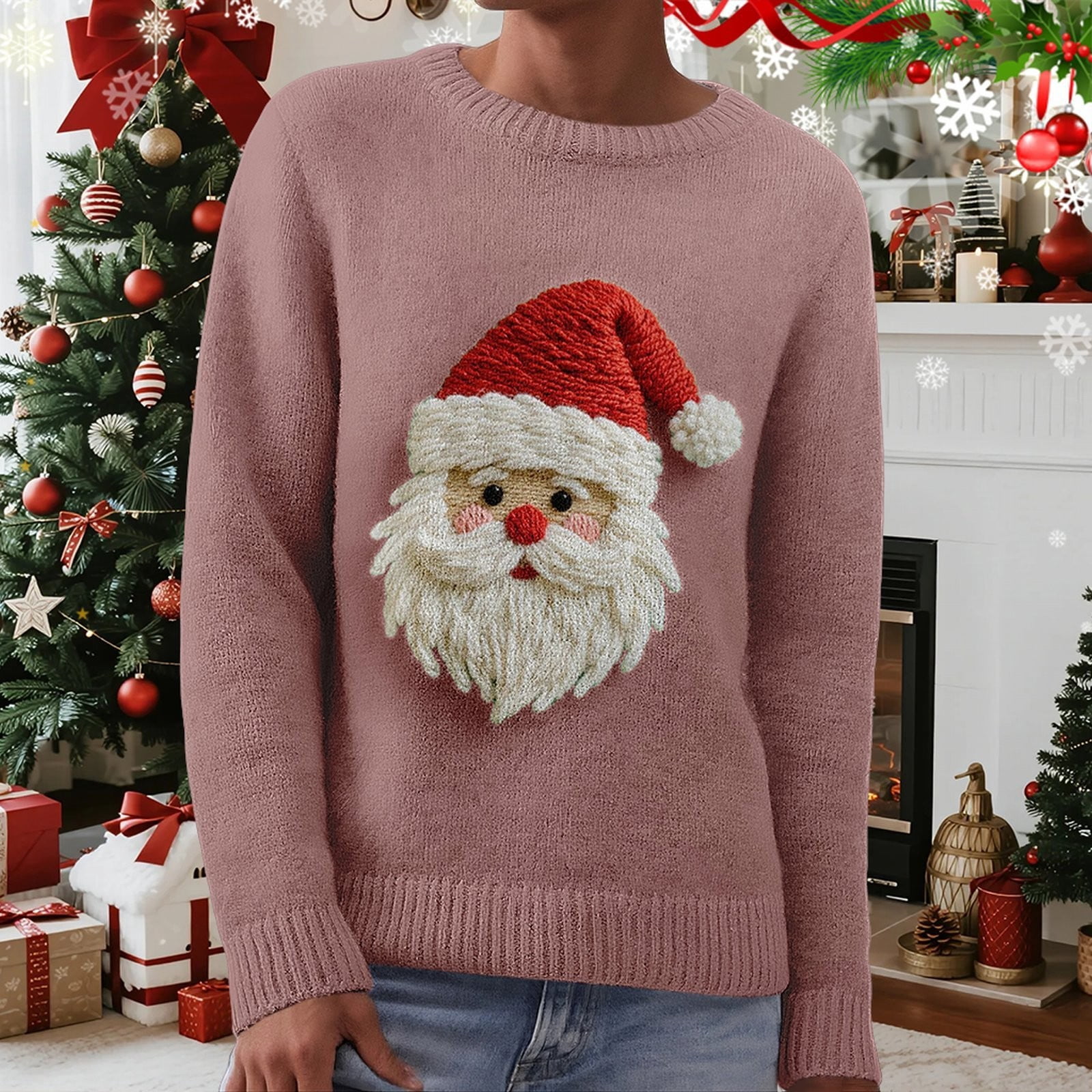 BODOAO Christmas Sweater for Women Retro Cute Santa Claus Graphic Long Sleeve Knitted Crew Neck Xmas Pullover Tops Novelty Funny Creweck Knit Pullover Sweaters Holiday Party Graphic Sweatshirts
