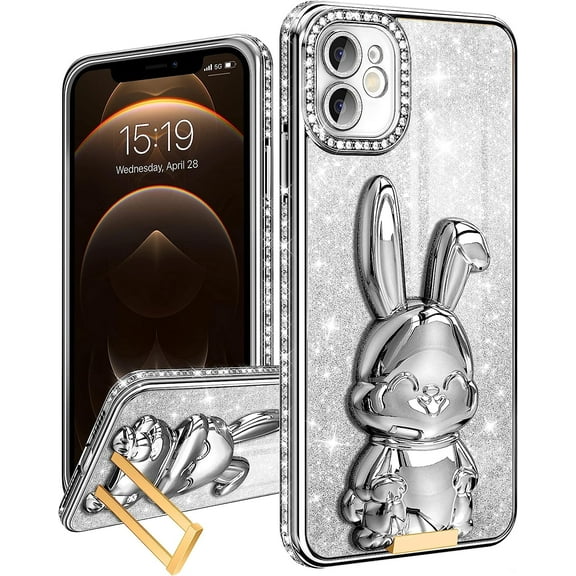 Phone 11 Phone Case Women Cute Funda for Apple Aesthetic Cover Glitter Girl Girly Rabbit Animal Rhinestone Diamond Estuche Kawaii Forro Design Teen Bling Sparkly Kids Luxury Unique