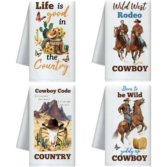 Cowboy and Horse Decorative Kitchen Towels Set of 4 Soft & Absorbent Microfiber Dish Towel for Kitchen Tea Coffee Bar Home Best Gift for Housewarming Christmas Thanksgiving Birthday