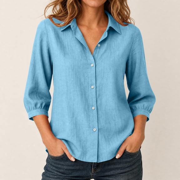SSZMDLB Women Collared 3/4 Sleeve Button Down Blouse Casual Basic Top for Work Vacation Summer, Light Blue 2XL