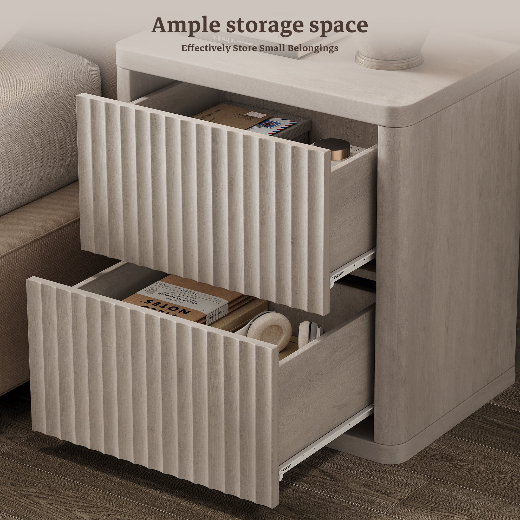 SICOTAS Fluted 2 Drawer Nightstand, 22.75" W Small Modern Bedside Table with Large Handless Drawers, Curved Edge Design, Wooden End Table for Bedroom, Living Room, Grey