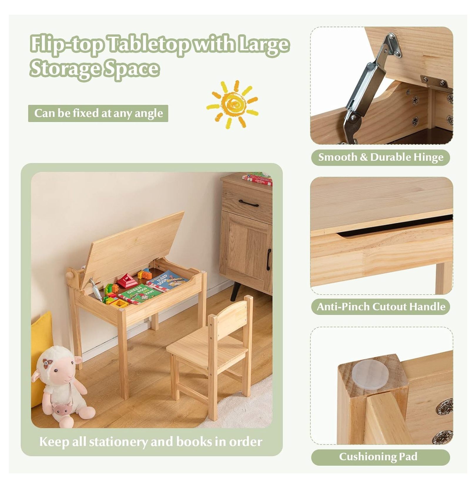 Kids Activity Table Set with Paper Roll Holder and Pen Slot, 21" x 13.5" x 7", Natural 1