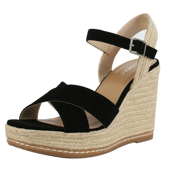 Soda Women's Criss Cross Ankle Strap Espadrille Platform Wedge, Black, 6 M US