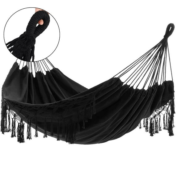 TOPCHANCES Hammock Hanging Swing Handmade Boho Large Brazilian Macrame Fringe 2 Person Hammock Swing Net Chair for Indoor Outdoor Patio Yard Garden, Black, 200x150cm