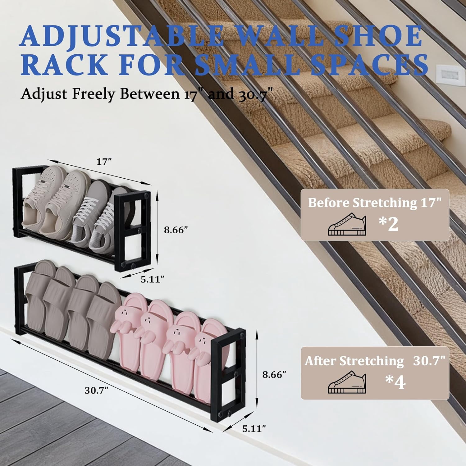 2 Pack Narrow Wall Mounted Shoe Rack for Small Spaces, Hanging Shoe Rack Holds 8 Pairs, 17"-30"Adjustable Heavy Duty Wall Shoe Storage with 4 Storage Hooks,Space Saving for Closet Entryway Door,Black