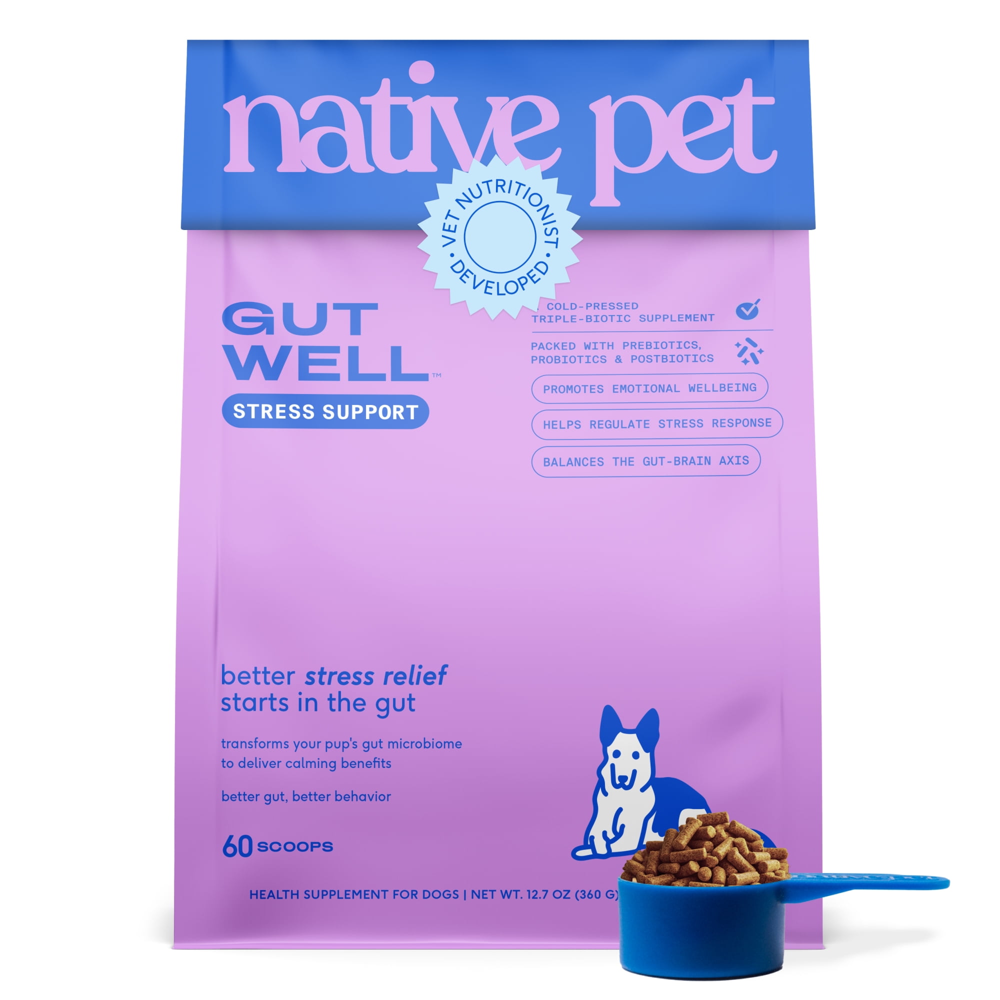 Native Pet GutWell Stress Support Anxiety Relief & Calming Supplement for Dogs with Probiotics, 12.7-oz