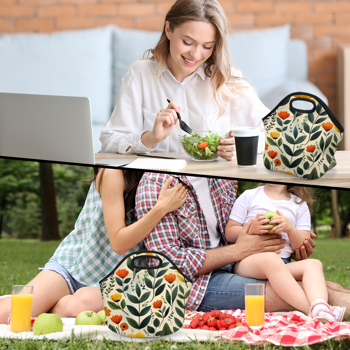 Herdesigns Floral Neoprene Lunch Bag, Wildflowers Insulated Lunch Box for Women Men Washable Lunch Tote Soft Lunch Container With Zipper for Work Picnic Travel