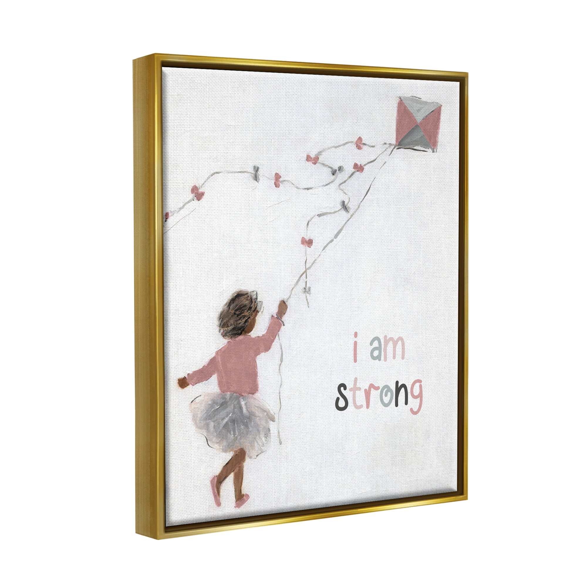 Stupell Industries I Am Strong Motivating Kids Kite Flying Painting Graphic Art Metallic Gold Floating Framed Canvas Print Wall Art, Design by Sally Swatland