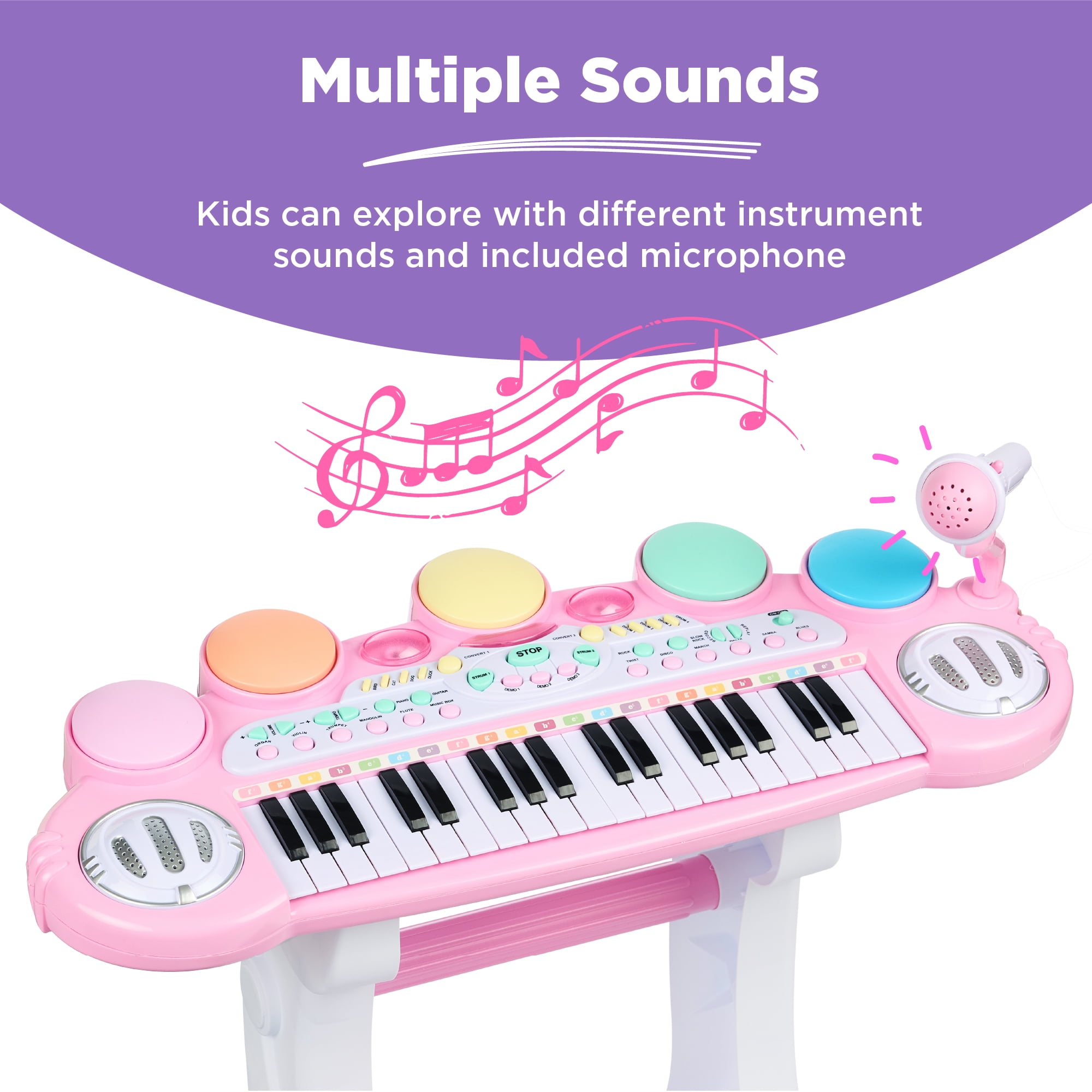 Best Choice Products 37-Key Kids Electronic Piano Keyboard w/ Multiple Sounds, Lights Microphone, Stool - Light Pink