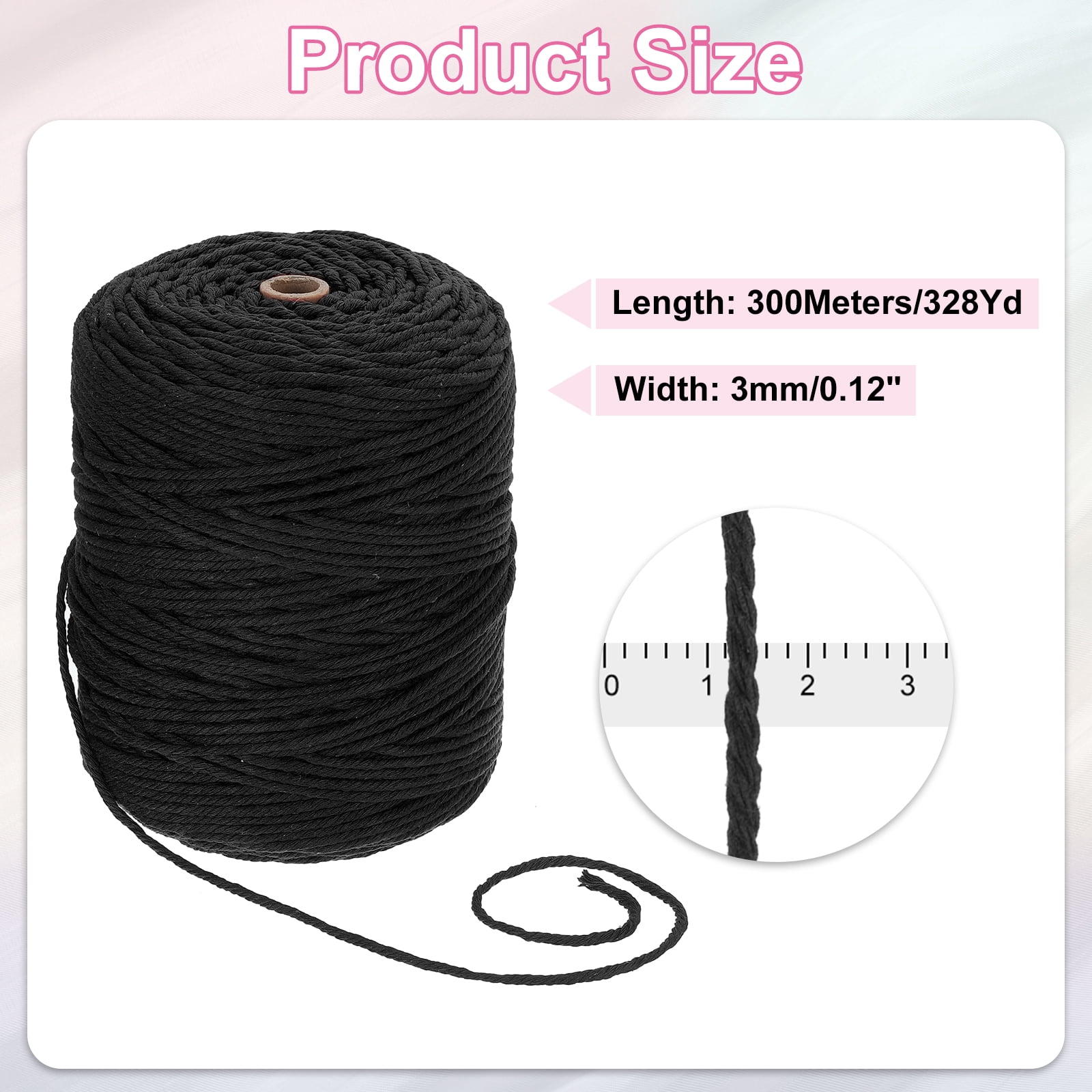 Uxcell Natural Macrame Cord 3mm x 328 Yards 4 Strand Twisted Cotton Macrame Rope for DIY Knitting Plant Wall Hanger Dreamcatcher, Black